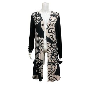Vintage Mr Max Black Cream Abstract Pattern Long Line Open Front Cardigan Size S